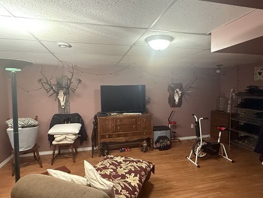 Basement room with TV and exercise equipment.