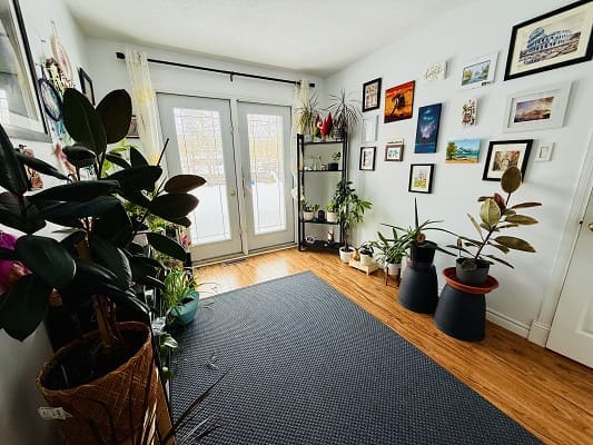 Room with plants and wall art decor.