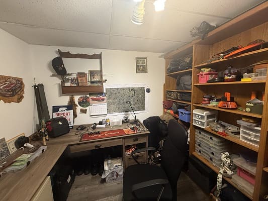 Cluttered office with shelves and desk.