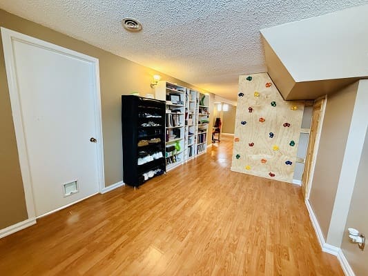 Room with climbing wall and bookshelves.