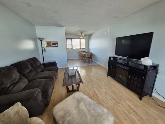 Living room with sofa and television setup.