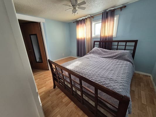 Bedroom with wooden bed and blue walls.