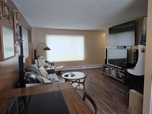 Cozy living room with modern entertainment setup.