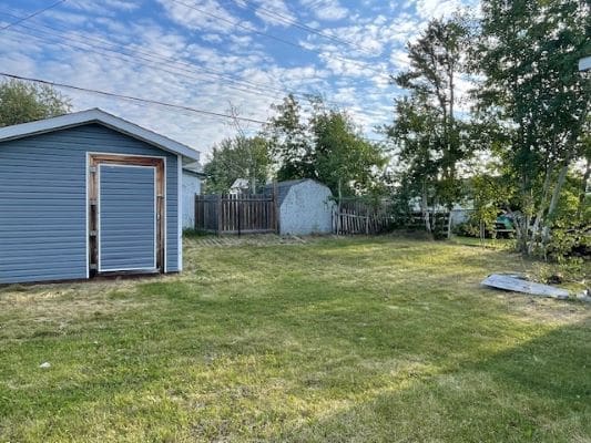 Backyard with shed and trees under blue sky.