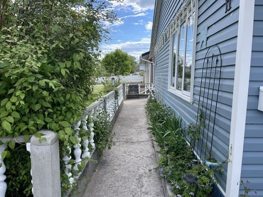 Narrow concrete walkway beside blue house