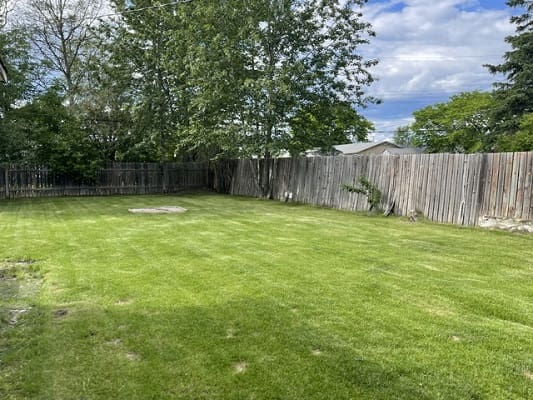 Large fenced backyard with green lawn
